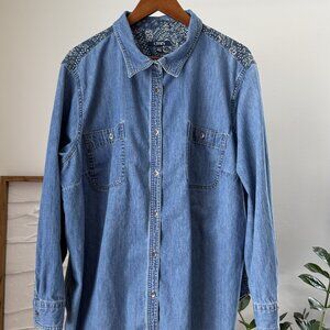 Women's Ralph Lauren CHAPS Button Down Denim Shirt Top Bandana Plus Size 3X 3XL